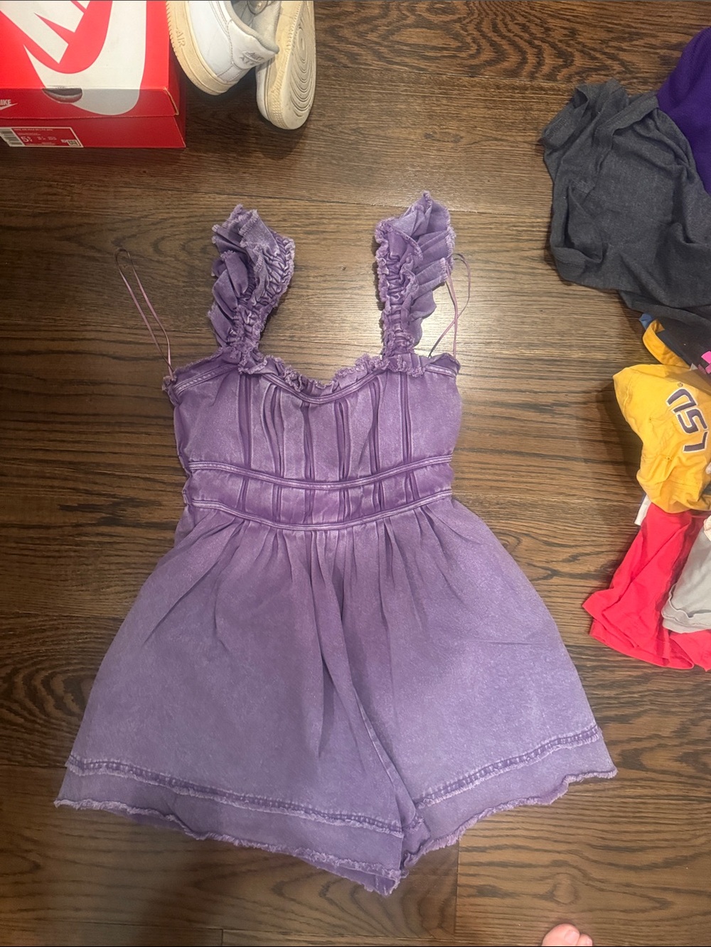 Peach Love California Lavender Ruffle Strap Romper